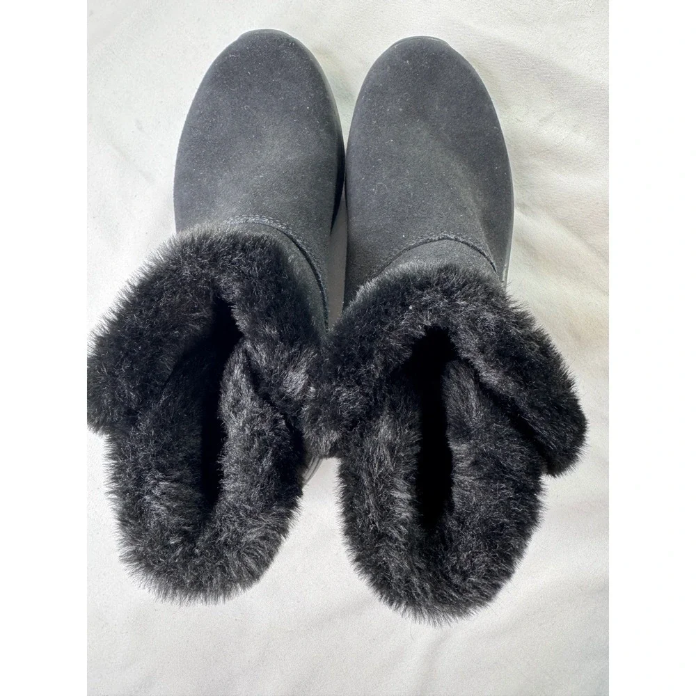 Skechers On-the-GO Joy Women Black Suede Faux Fur Trim Winter Ankle Boots
